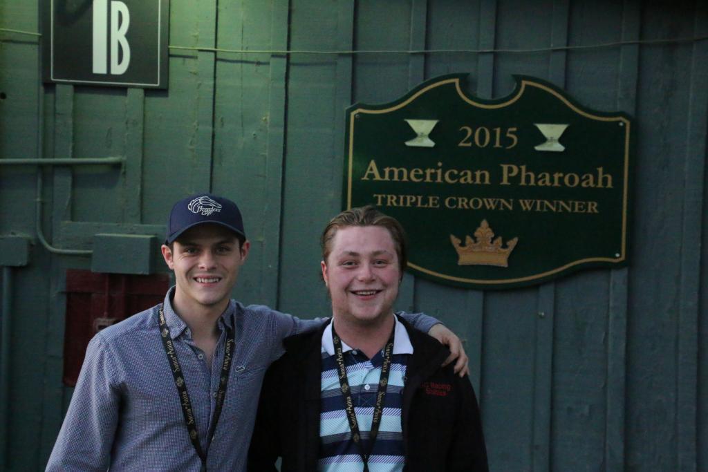 Colt Cunningham and his brother Kyle Luyendyk outside the barn that housed 2015 Triple Crown winner American Pharoah. (Julie June Stewart photo)